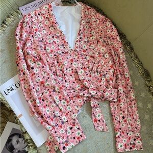 MIU Pink Cropped Floral-Print Blouse